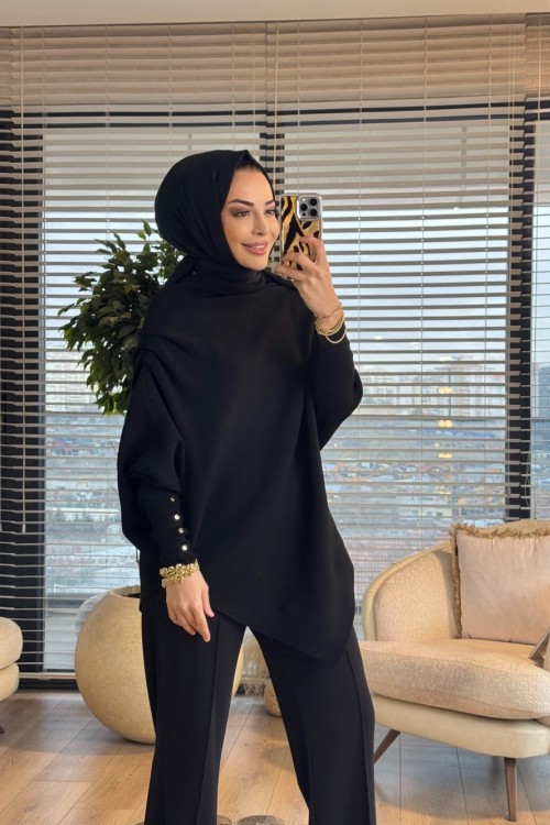161  Asimetrik Omzu Drapeli Triko Tunik Siyah
