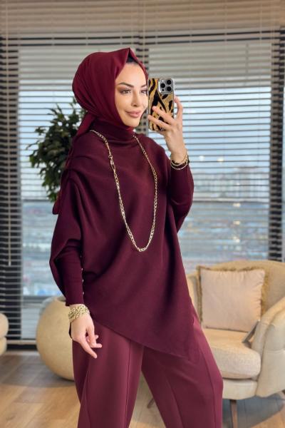 161  Asimetrik Omzu Drapeli Triko Tunik Bordo