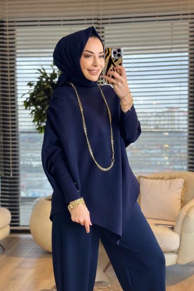 161  Asimetrik Omzu Drapeli Triko Tunik Lacivert