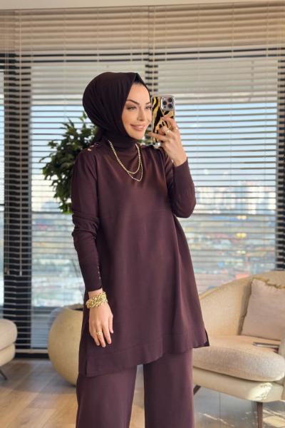 165 Omzu Düğmeli Triko Tunik Kahve
