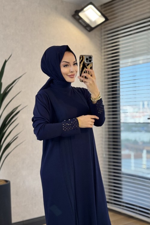 175 Önü Üç Sıra Saç Örgülü Elbise Lacivert