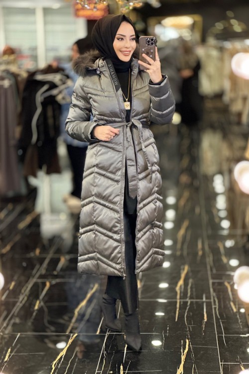 18272 Roma Kapşonu Kürklü Şişme Kaban Gri