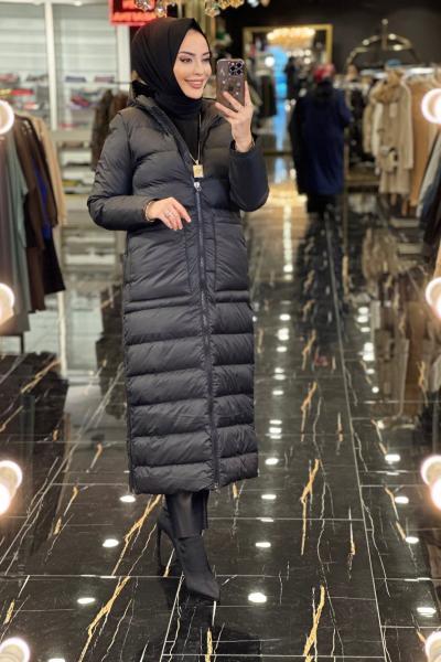 18281 Valencia Şişme Kapşonlu Önü Cepli Uzun Kaban Siyah