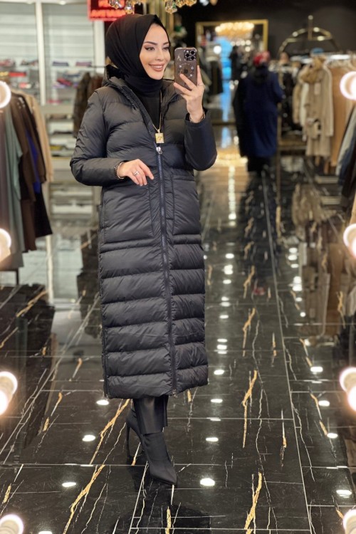 18281 Valencia Şişme Kapşonlu Önü Cepli Uzun Kaban Siyah