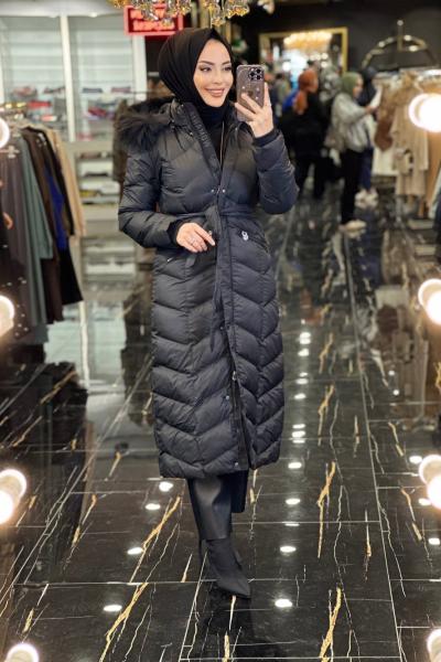18692 X Jacket Şişme Kapş.Kürklü Kaban Siyah