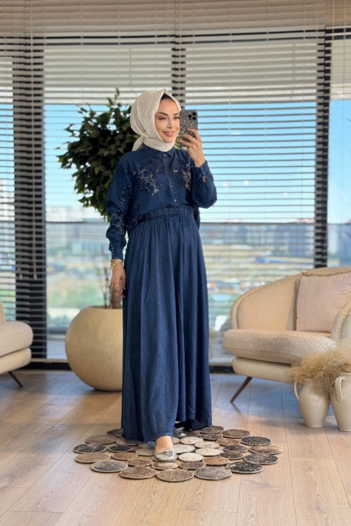 1936 Tencel Üstü Pul Ve Sim Nakışlı Gömlek Koyu Mavi