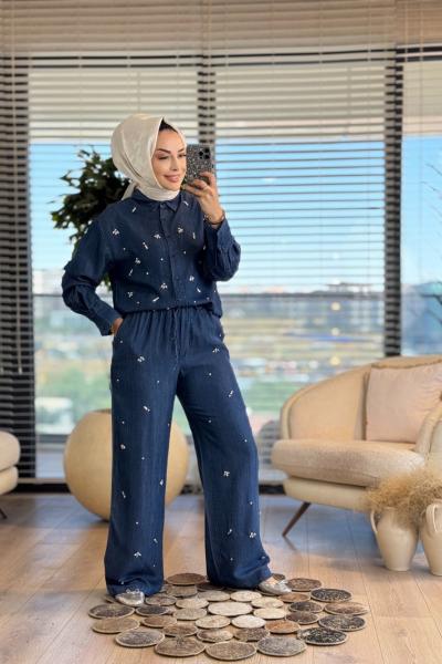 2018 Tencel Önü Taş İşlemeli Gömlek Koyu Mavi