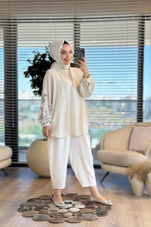 2021 Keten Kol Arka Boncuk İşleme Kap Bej