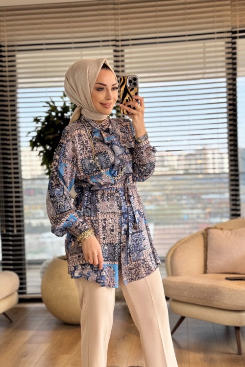 2033-1 Kumsal Pano Desen Tunik Lacivert