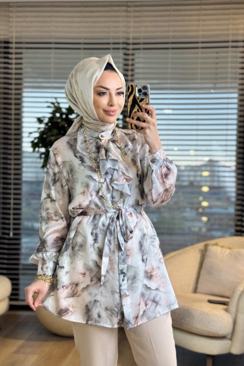 2033 Kumsal Batik Desen Tunik Haki