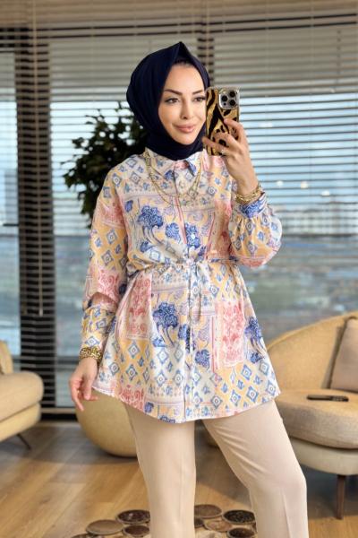 2039 İpek Desenli Gömlek Mavi