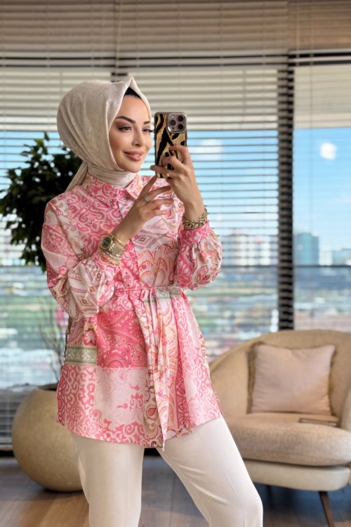 2039 İpek Desenli Gömlek Pembe