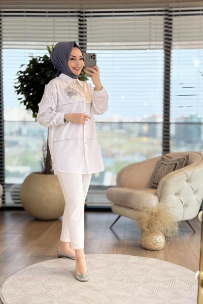 2053 Çizgili Biye Ve Broşlu Gömlek Gümüş