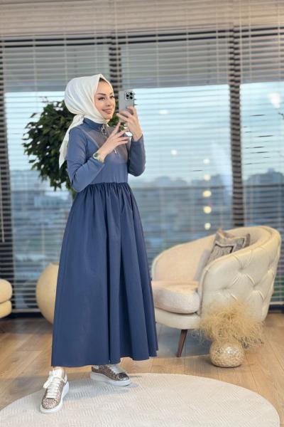 20607 Üst Osyho Alt Kumaş Pat Fermuarlı Elbise Antrasit