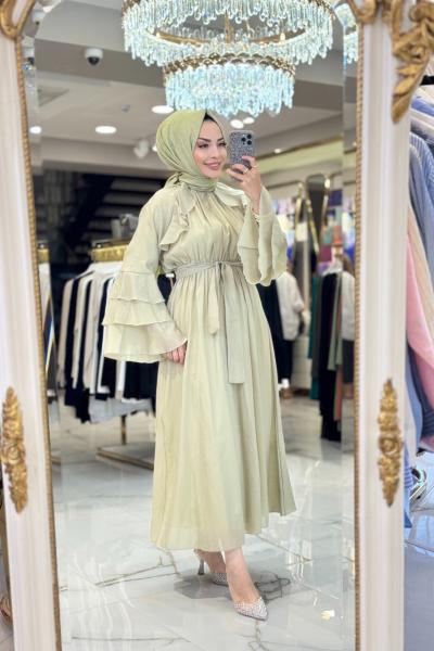 20717 Ön Kol Fırfırlı Elbise Çağla