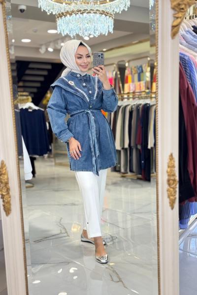 212770 Yapıştırma Taşlı Kot Gömlek Mavi