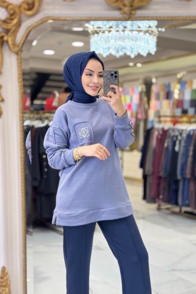 2136 Kolları Düğmeli Cebi Taş Baskılı Tunik Antrasit