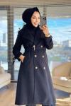 2141 Kaşe Altı Düğmeli Uzun Kaban Siyah