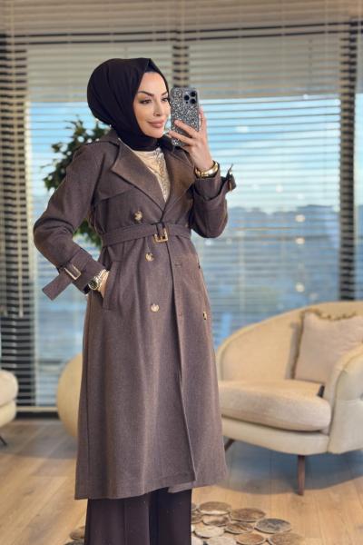 2141 Kaşe Altı Düğmeli Uzun Kaban Kahve