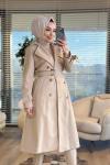2141 Kaşe Altı Düğmeli Uzun Kaban Bej