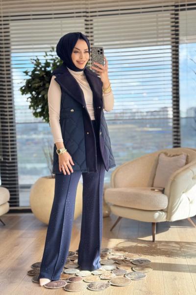 2190 Kapitone Kaşe Detaylı Yelek Lacivert