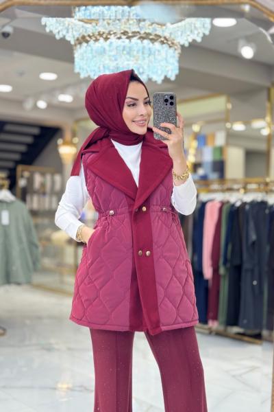 2190 Kapitone Kaşe Detaylı Yelek Bordo