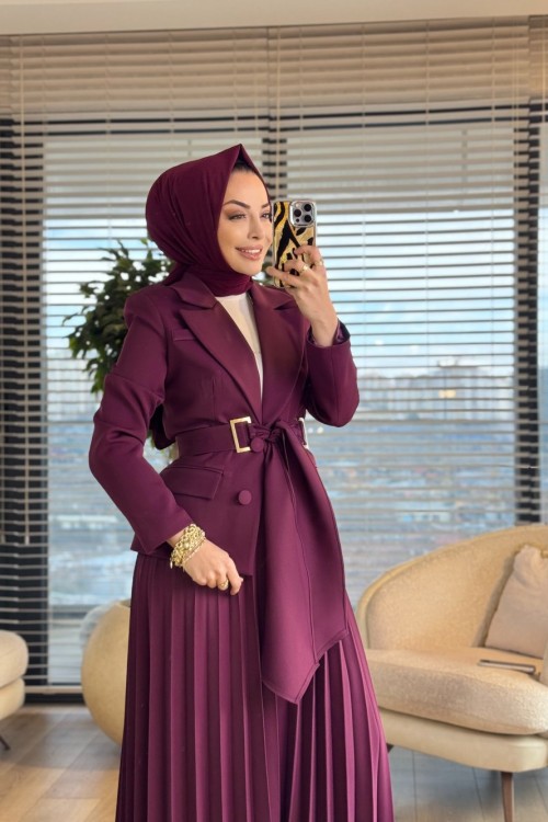 2194-1 İki Düğme Ceket Pilise Etekli Takım Mürdüm