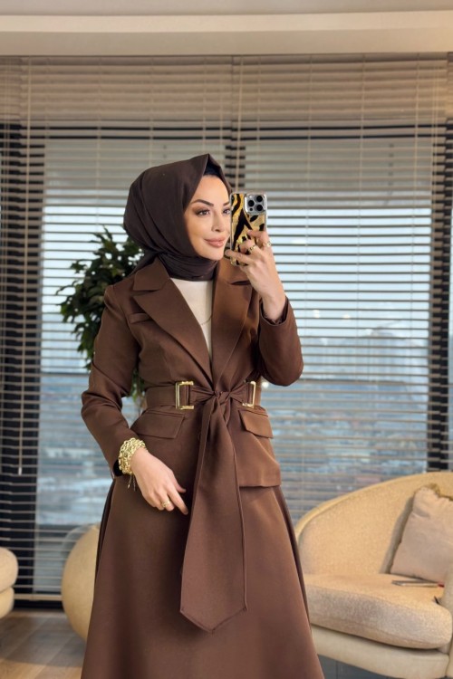 2194 İki Düğme Ceket Etekli Takım Kahve