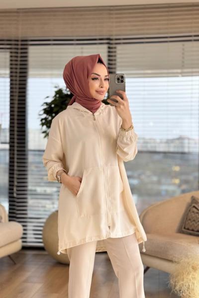 2205 Etek Ucu Lastikli Hırka Bej