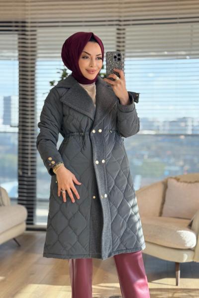 2208-1 Kapitone Kaşe Garnili Uzun Kaban Antrasit