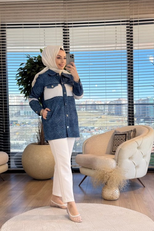 2223 Kol Ve Önü File Parça Detaylı Ceket Lacivert