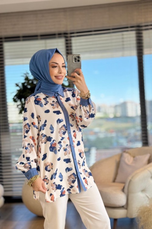 2243 Omuzları Tencel Desenli Gömlek Mavi