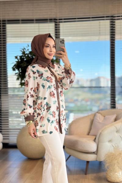2243 Omuzları Tencel Desenli Gömlek Kahve