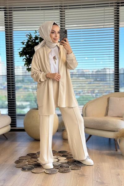22741 Osyho Cep Dikiş Detaylı Fermuarlı Takım Bej