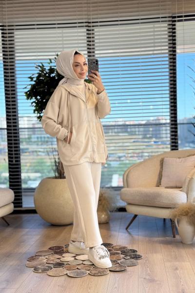 22742 Osyho Fermuarlı Kapşonlu Takım Bej