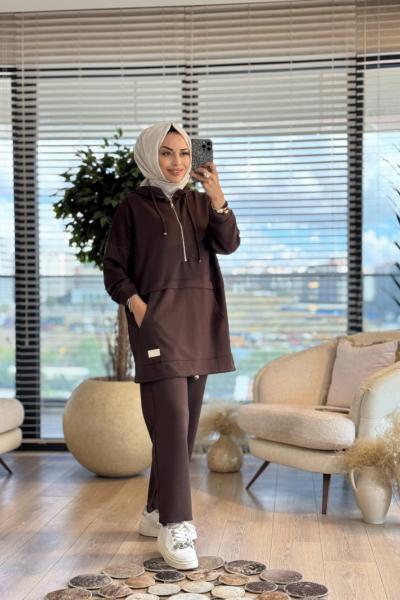 22775 Ön Parça Detaylı Ferm.Kapşonlu Takım Kahve