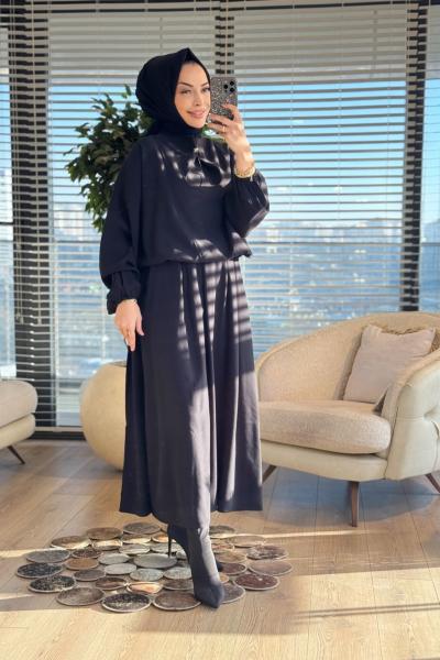 22792 Patı İp Geçmeli Yakasız Takım Siyah