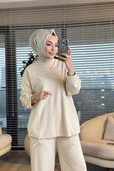 22805 Kadife Etek Ucu İpli Takım Bej