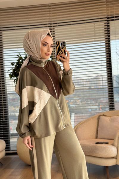 22836 Önü Renkli Parçalı Fermuarlı Takım Haki