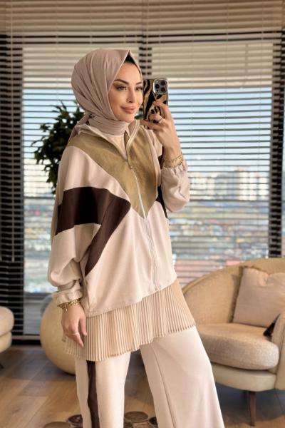 22836 Önü Renkli Parçalı Fermuarlı Takım Bej