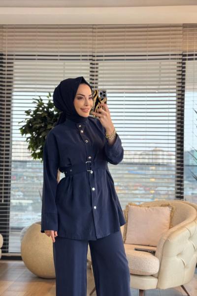 22838-5 Ön  Pile Kemerli Metal Düğmeli Takım Lacivert