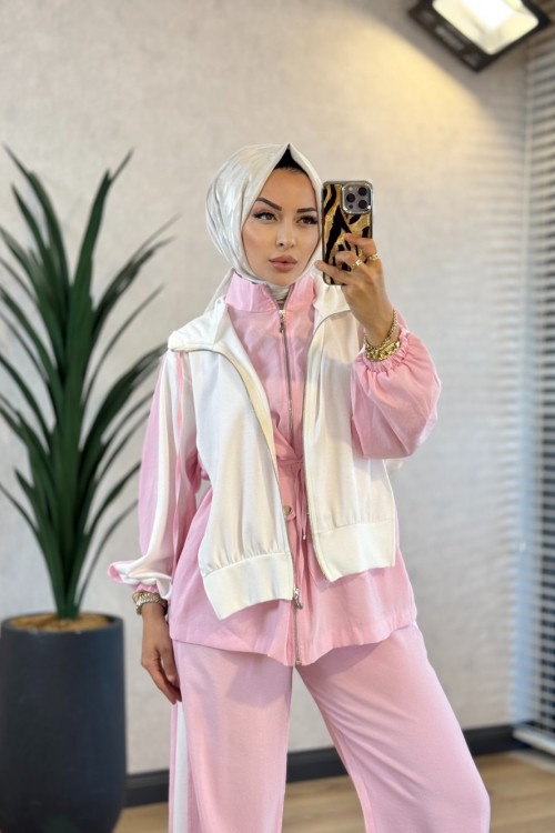 22898 Ön Yelek Parça Detaylı Takım Pembe