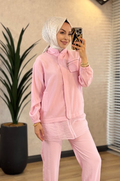 22915 Etek Ucu Şifon Parçalı Cebi Fermuarlı Takım Pembe