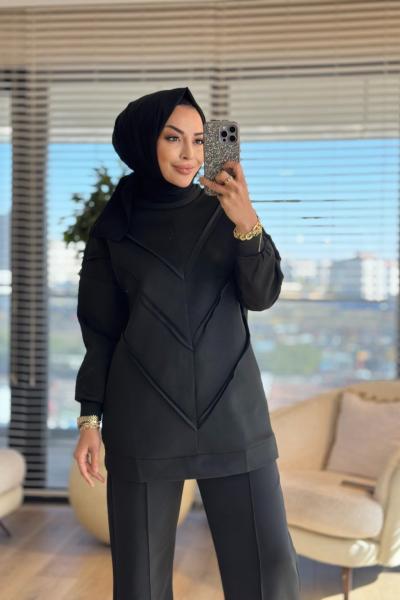 24034 Ön V Dikiş Parçalı Scuba Tunik Siyah