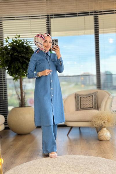 2405 Kot Cep Kapağı Zımba Detaylı Tunik Mavi