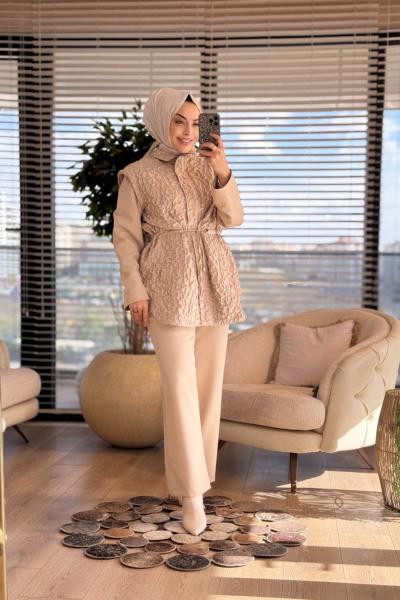 2420 Üst Kabartma Kumaş Bel Bağcıklı Takım Bej
