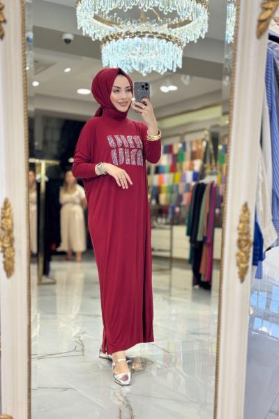 24234-1 Önü Taş Yazı Baskılı Penye Elbise Bordo