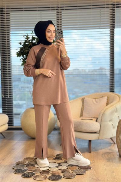 2425 Ön File Ve Taş Detaylı Takım Latte