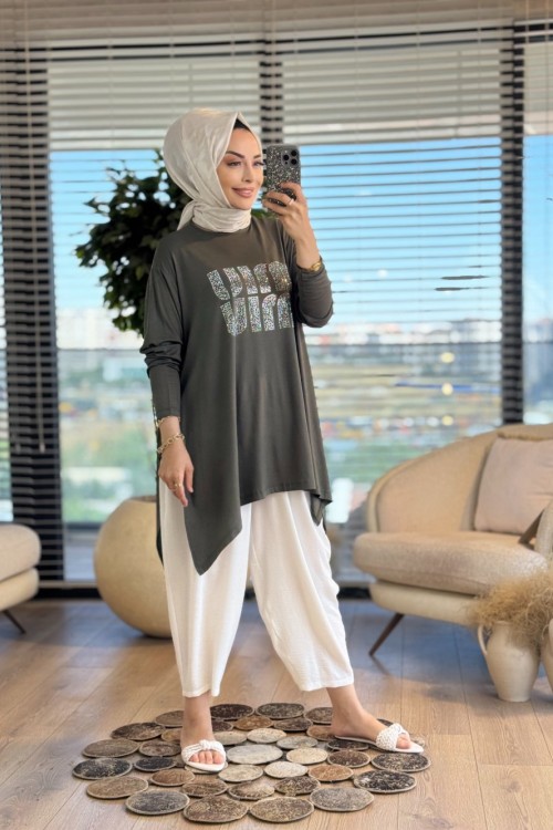 24277 Önü Taş Yazılı Tunik Haki