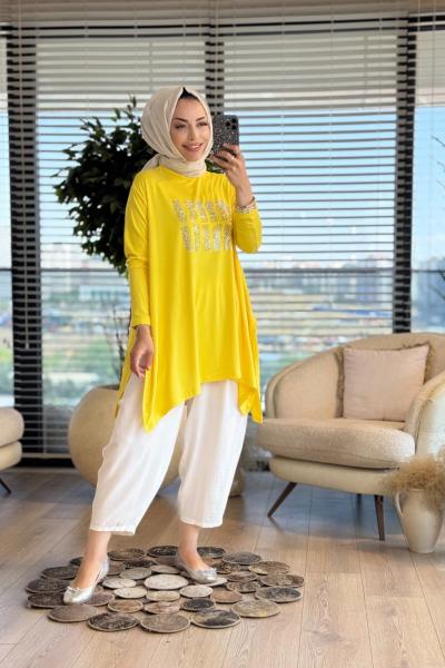 24277 Önü Taş Yazılı Tunik Koyu Sarı